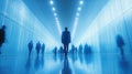 Businessman walking through a modern, bright hallway with blurred figures Royalty Free Stock Photo