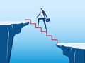 Businessman walking on stair to cross through the gap between hill. Stair step to success. Business risk and success concept.