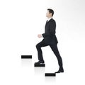 Businessman walking stairs. Man figure in suit. Choose Career. Professional improvement. Character vector illustration. Royalty Free Stock Photo