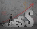 Businessman walking on success stairs with business doodles on w Royalty Free Stock Photo