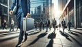 Businessman walking to work in Black Suit Carrying Brown Leather Briefcase. Concept Walking to Work.