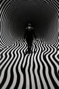Businessman walking through a tunnel of black and white stripes. 3D rendering.