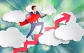 Businessman is walking up the stairs with an arrow pointing along his path under his arm among white paper clouds on beautiful