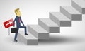 Businessman walking up the stairs with directional arrows - career position promotion and growth concept