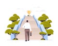 businessman walking up stairway to golden trophy cup business man win prize path to successful growth victory