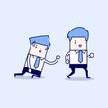 Businessman walks away from coworker crawling on the floor and calling out for help. Cartoon character thin line style vector