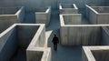 Businessman walks inside concrete labyrinth, lost man searching for way out of strange surreal maze. Concept of problem, Royalty Free Stock Photo