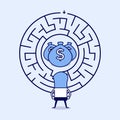 Businessman wanting to enter a money maze. Cartoon character thin line style vector