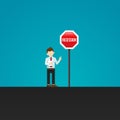 Businessman and warning recession sign. Symbol of danger, failure, bankruptcy, business crisis. vector illustration Royalty Free Stock Photo