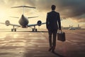 A businessman was walking towards a plane waiting on the runway Royalty Free Stock Photo