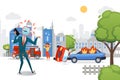 Businessman watchhead call late employee vector illustration. Character girl stand on road, city car accident. Boss in