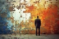 Businessman watching, big puzzle on wall, Man looking at big puzzle, AI generated Royalty Free Stock Photo