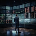 A businessman watching stock market data on screens