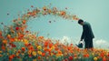 Businessman Watering Blooming Ideas in Surreal Flower Field Royalty Free Stock Photo