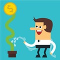 Businessman watering dollar plant, flat design Royalty Free Stock Photo