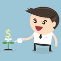 Businessman watering dollar plant, flat design Royalty Free Stock Photo