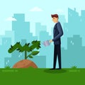 Businessman watering green arrow plant. Growth investment and development business concept. Vector flat illustration.