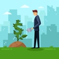 Businessman watering green dollar plant. Investment and finance growth business concept. Vector flat illustration.