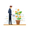 Businessman watering green money tree. Vector flat isolated illustration. Investment and finance growth business concept Royalty Free Stock Photo