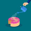 Businessman watering the money cake.  profit share growth concept Royalty Free Stock Photo