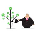 Businessman watering money coin tree with can. Growing money tree. Investment, investing. Gold coins and dollar banknotes on branc