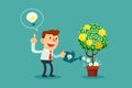 Businessman watering money tree with idea bulbs