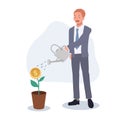 Businessman is watering plant with dollar money coin flower by watering can. profit investment concept. Vector illustration Royalty Free Stock Photo