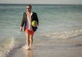 Businessman with watermelon. Summer business vacation. Successful businessman on vacation. Hot summer business. Summer