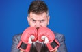 Businessman wear boxing gloves. Best criminal defense lawyer strategies. Attack and defense concept. Achieve success