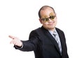 Businessman wear dollar sign glasses and giving hand Royalty Free Stock Photo