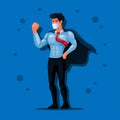 Businessman wear mask and cape ready to work. fight virus in new normal symbol avatar illustration vector