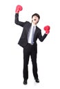 Businessman wearing boxing gloves in a victory pose and raise hi Royalty Free Stock Photo