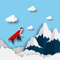 Businessman wearing a cape and flying high to the top of the mountain above the clouds. to find success in a career.
