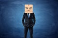 Businessman wearing cardboard box with drawn frowning face on his head