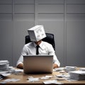 Businessman is wearing a cardboard box, hidden emotions boring job everyday routine stress