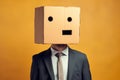 Businessman wearing carton box looks like human head. Generative AI Royalty Free Stock Photo