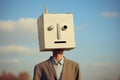 Businessman wearing carton box looks like human head outdoor. Generative AI Royalty Free Stock Photo