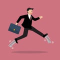 Business woman running by elastic spring shoes