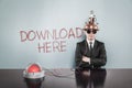 Businessman Wearing Futuristic Helmet By Download Here Text On Wall