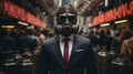 Businessman wearing a gas mask to protect himself from the air pollution. Generative AI