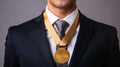 businessman wearing gold medal black suit, half portrait grey background, Generated AI