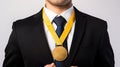 businessman wearing gold medal black suit, half portrait white background, Generated AI