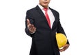 Businessman wearing a helmet standing and reaching hand for hand Royalty Free Stock Photo