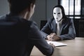 Businessman wearing a mask to protect himself from the hacker in the office, Employer without face and hand deformities close up