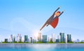 Businessman wearing red super hero cape success concept business man flying over big modern city building skyscraper Royalty Free Stock Photo