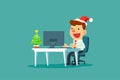 Businessman wearing santa claus hat while working with small christmas tree on his desk