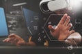 businessman wearing virtual reality goggles in modern office wit Royalty Free Stock Photo