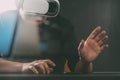 businessman wearing virtual reality goggles in modern office wit Royalty Free Stock Photo