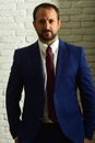 Businessman wears formal suit and tie. Leader with beard