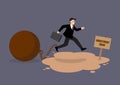 Businessman with the weight jumping over the quicksand